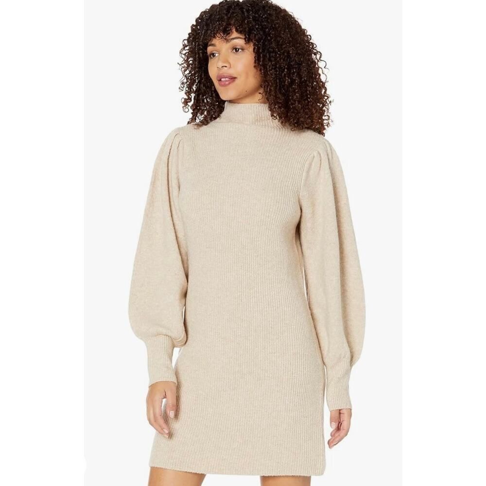 Madewell  Mock Neck Wool Blend Mini Sweaterdress Women's Small Beige Puff Sleeve